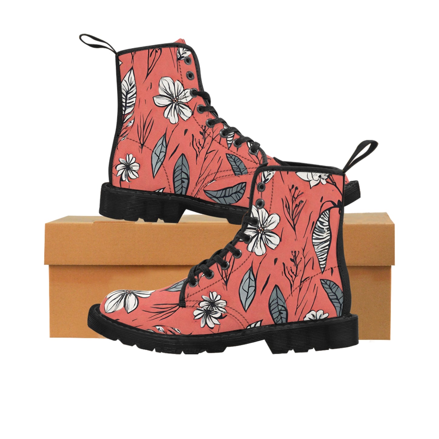 Salmon (B&W) Floral Men's Canvas Boots