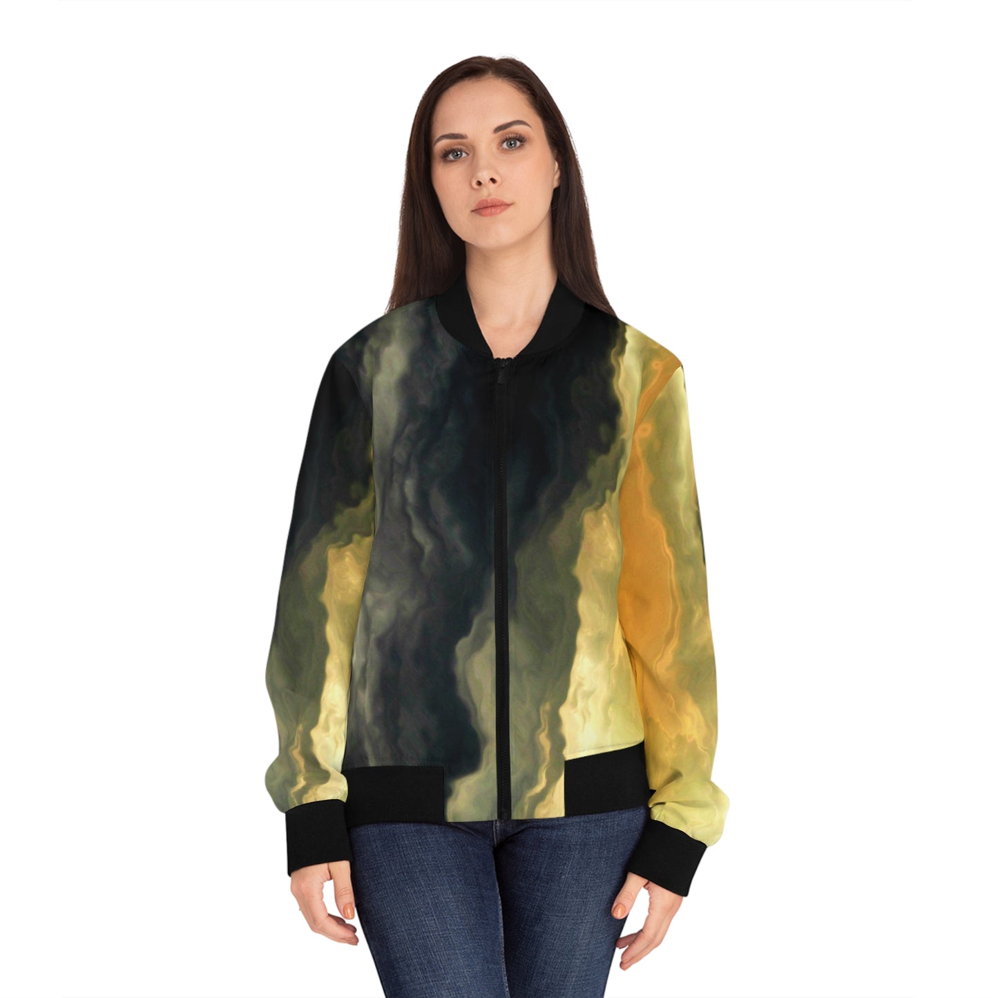 Black & Gold Sky Women's Bomber Jacket (AOP)