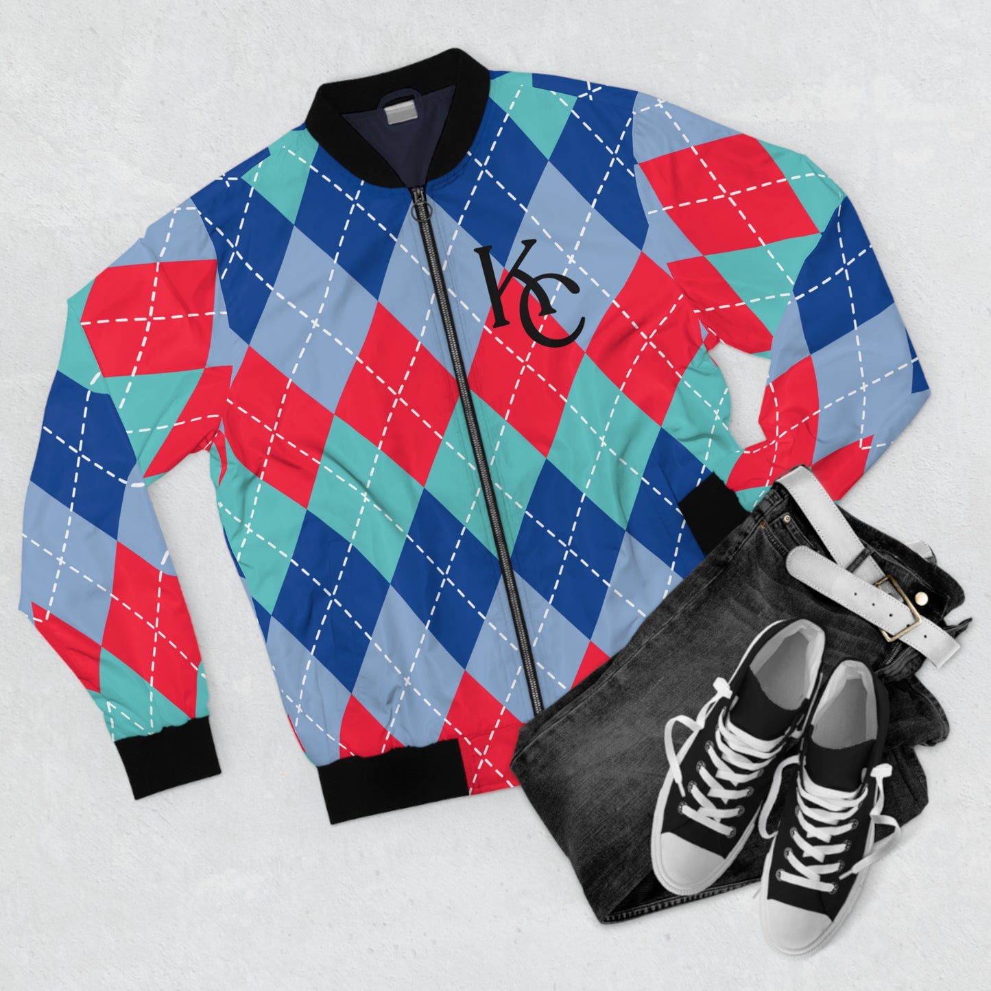 KC Sports Team Colors Argyle Print Men's Bomber Jacket (AOP)