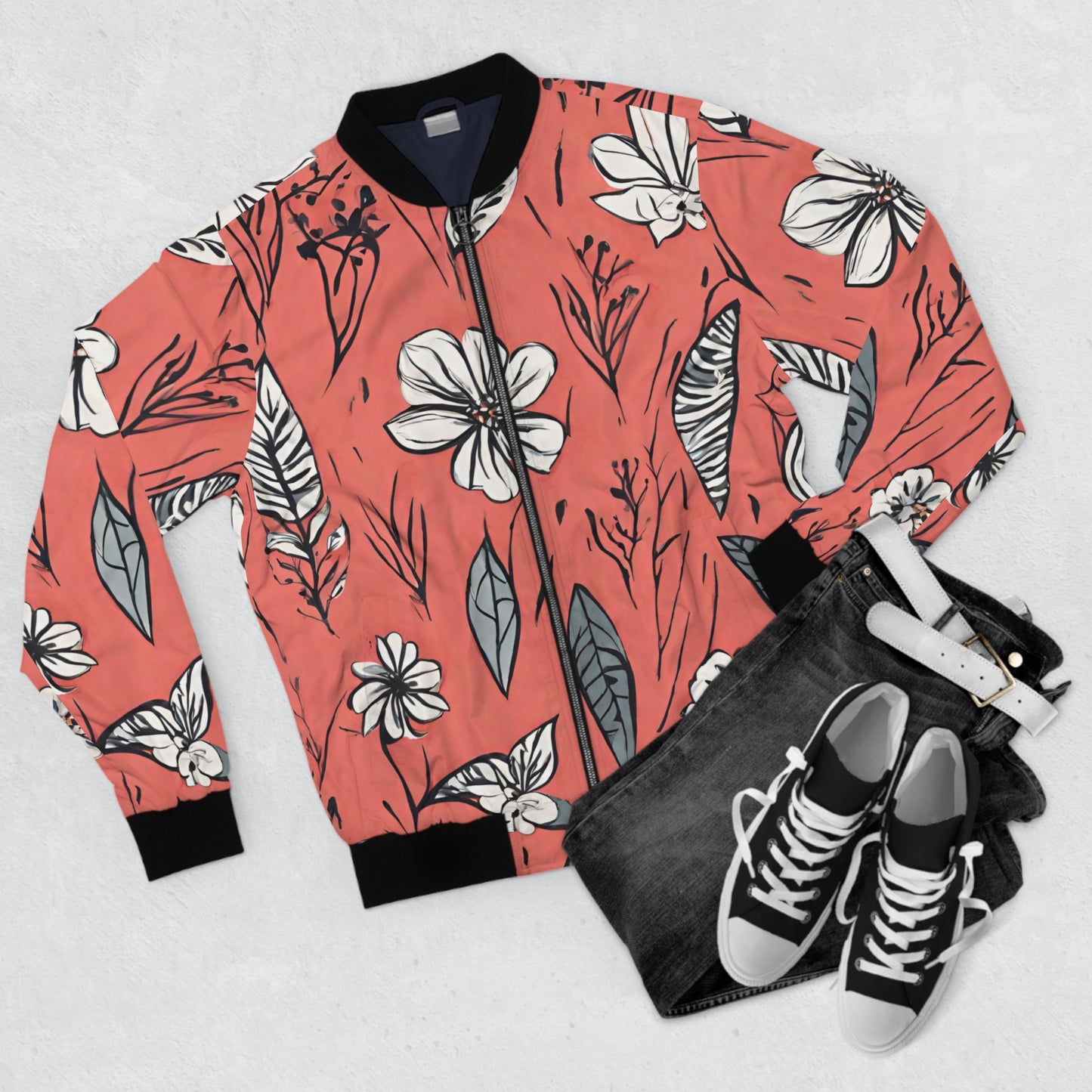 Salmon (B&W) Floral Men's Bomber Jacket (AOP)