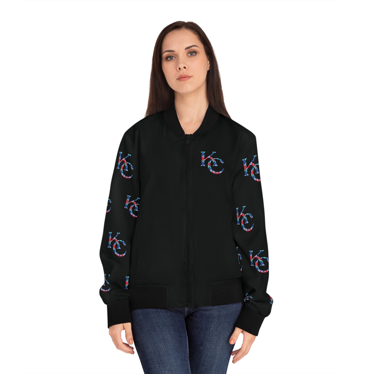 Argyle Print "KC" in the colors of KC Sports Teams Women's Bomber Jacket (AOP)