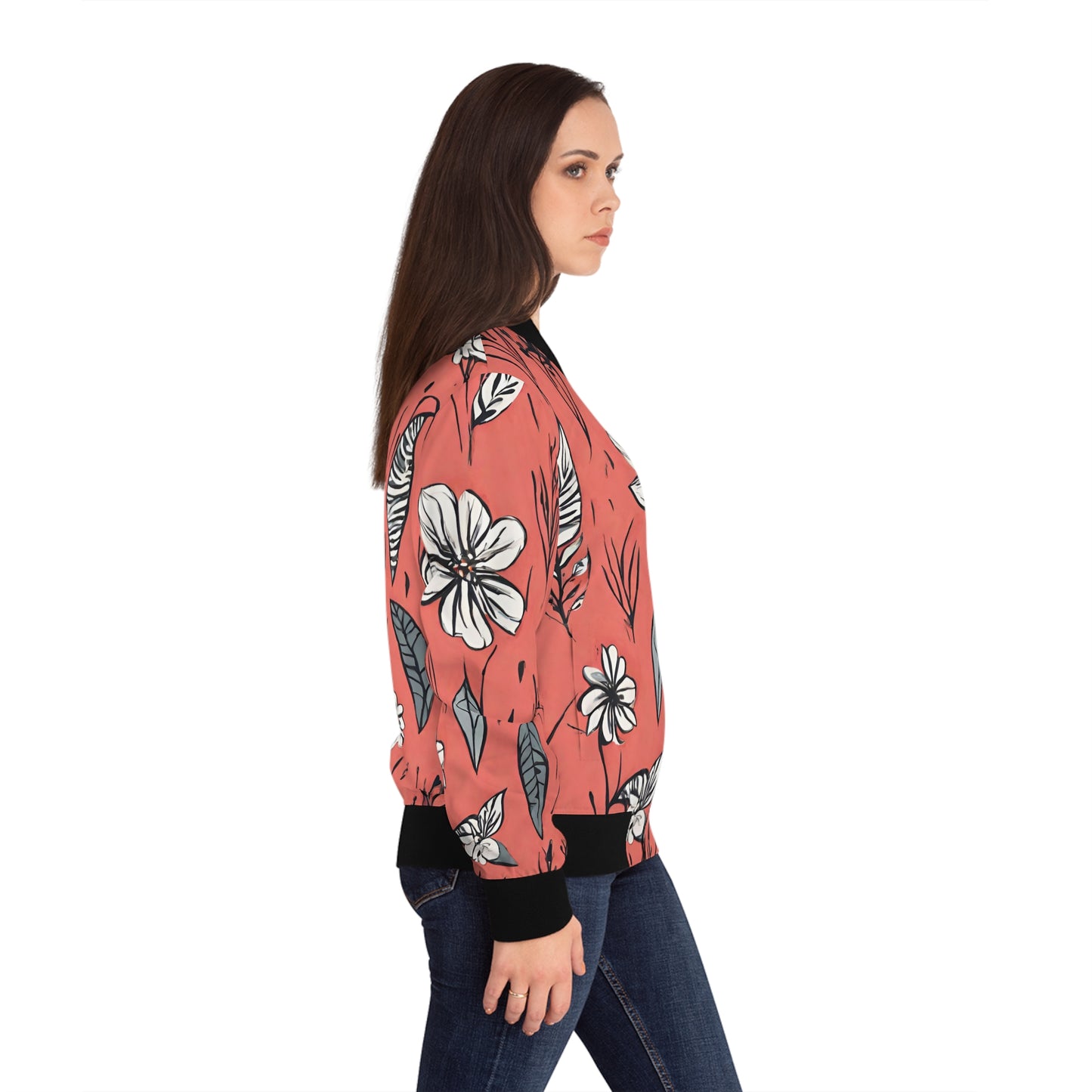 Salmon (B&W) Floral Women's Bomber Jacket (AOP)