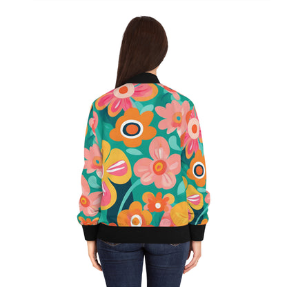 Turquoise Floral Women's Bomber Jacket (AOP)