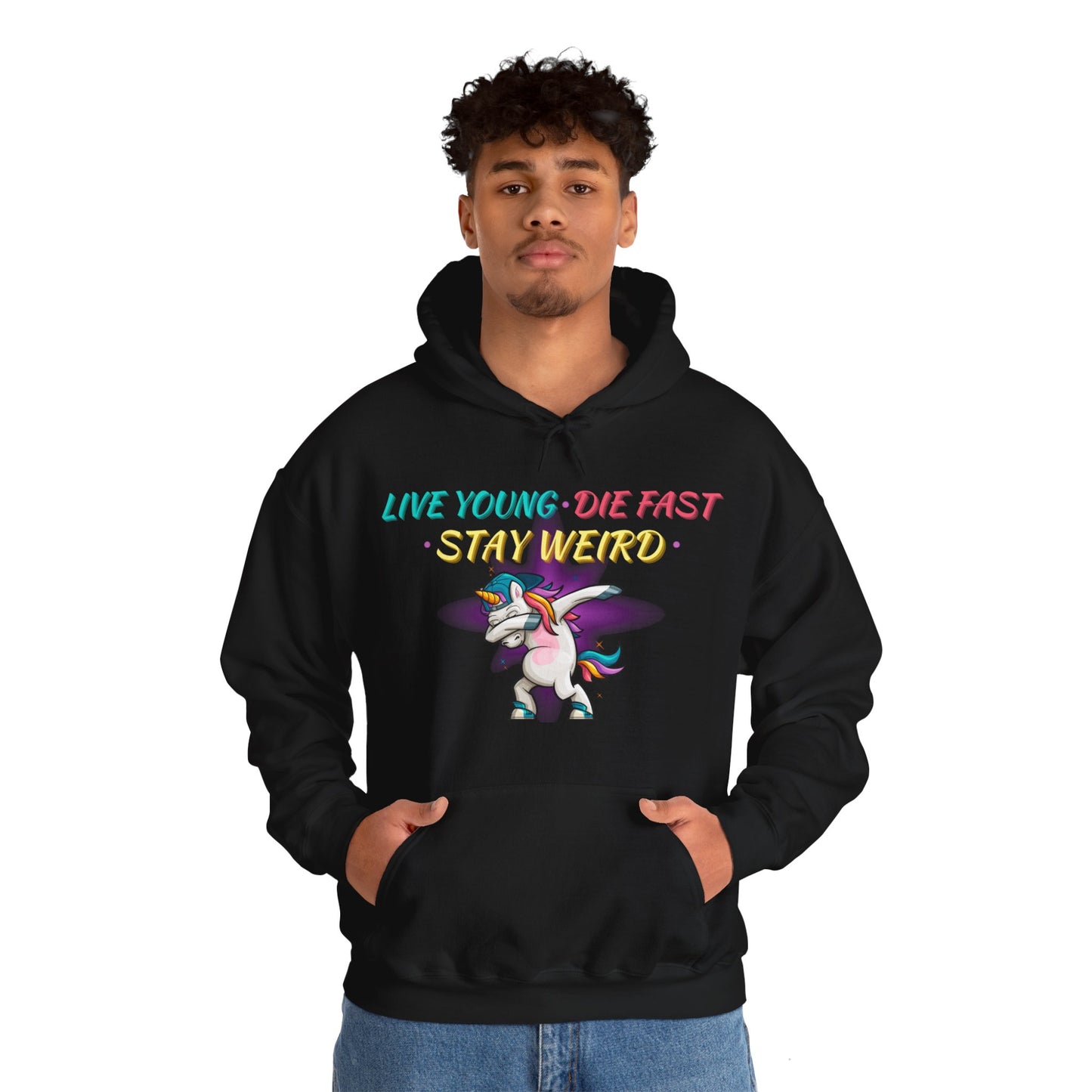 Live Young. Die Fast. Stay Weird. Unisex Heavy Blend™ Hooded Sweatshirt