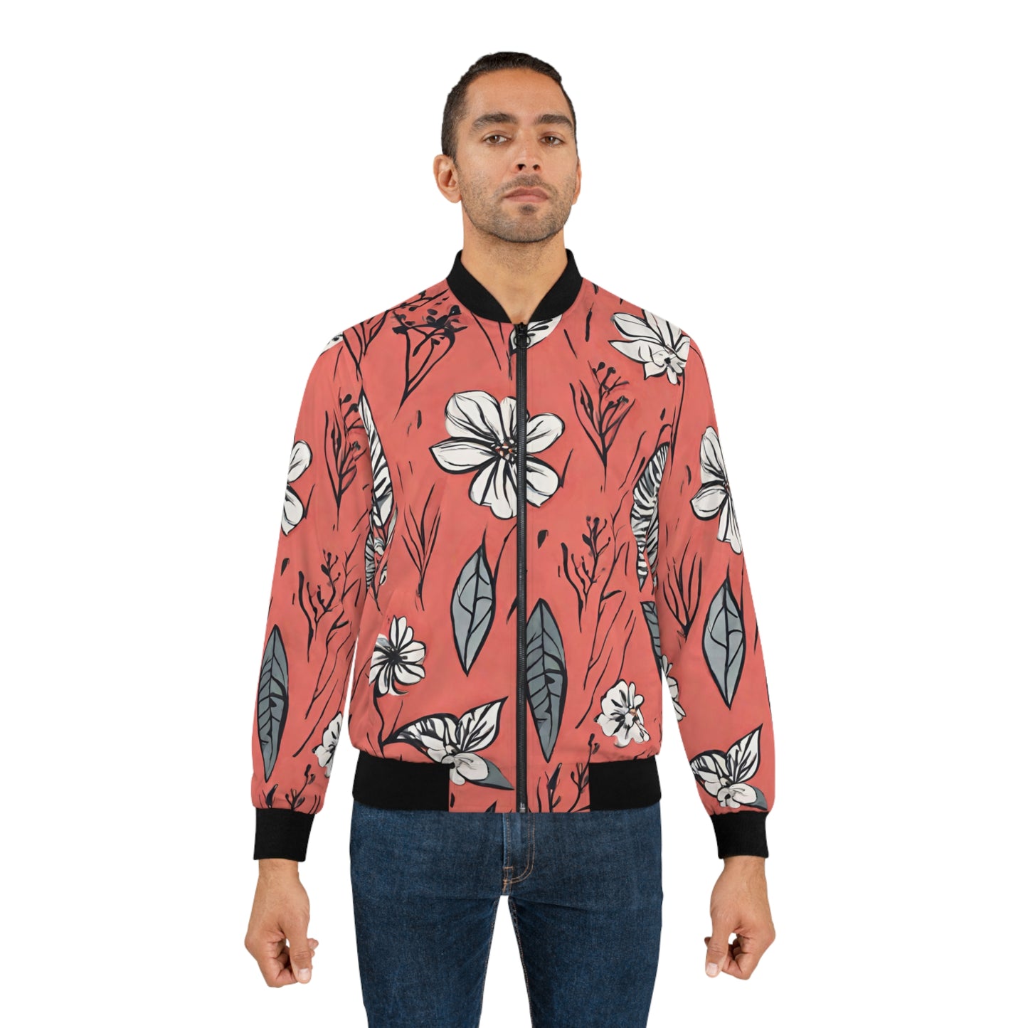 Salmon (B&W) Floral Men's Bomber Jacket (AOP)