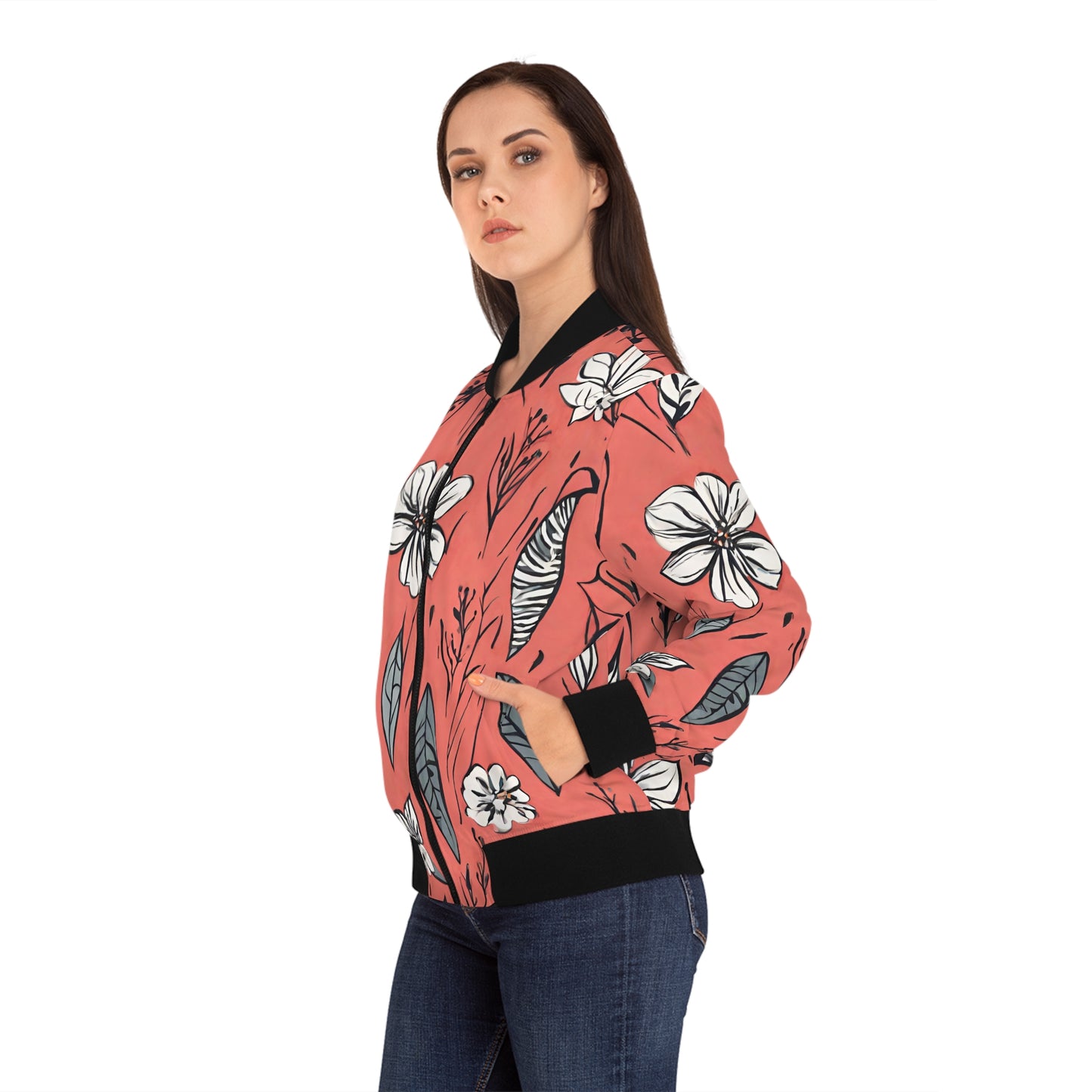 Salmon (B&W) Floral Women's Bomber Jacket (AOP)