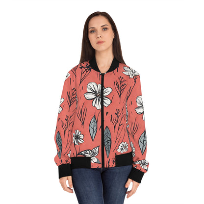 Salmon (B&W) Floral Women's Bomber Jacket (AOP)