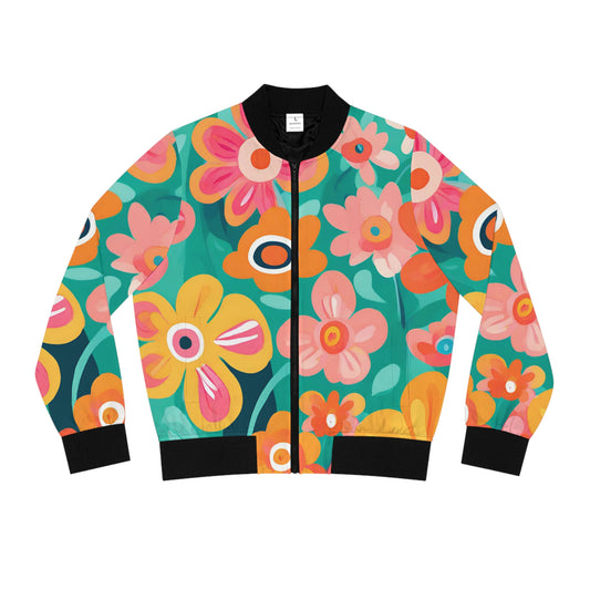 Turquoise Floral Women's Bomber Jacket (AOP)