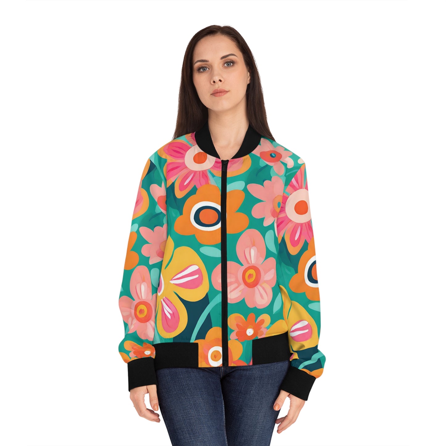 Turquoise Floral Women's Bomber Jacket (AOP)