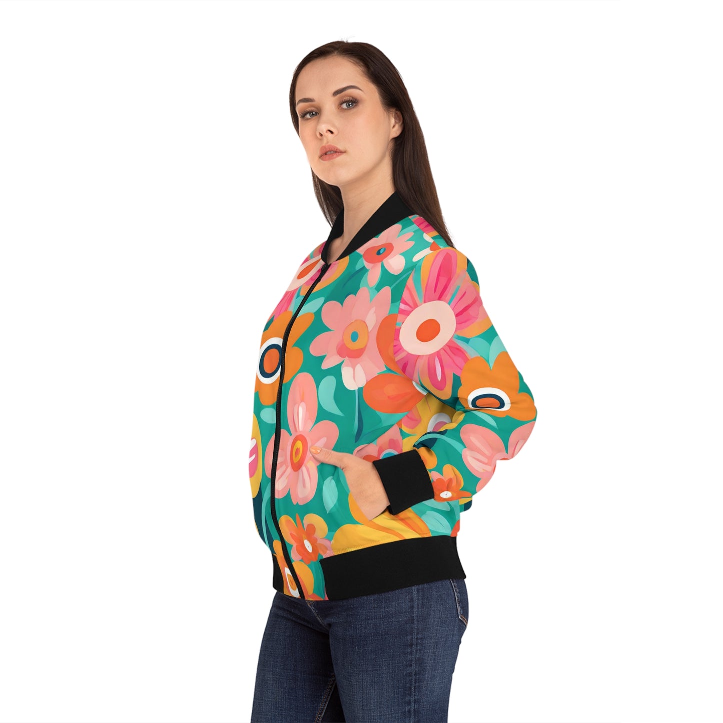 Turquoise Floral Women's Bomber Jacket (AOP)