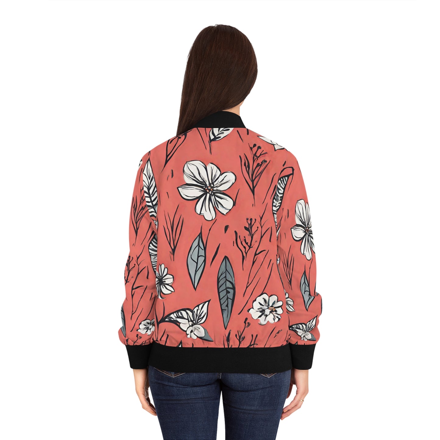 Salmon (B&W) Floral Women's Bomber Jacket (AOP)