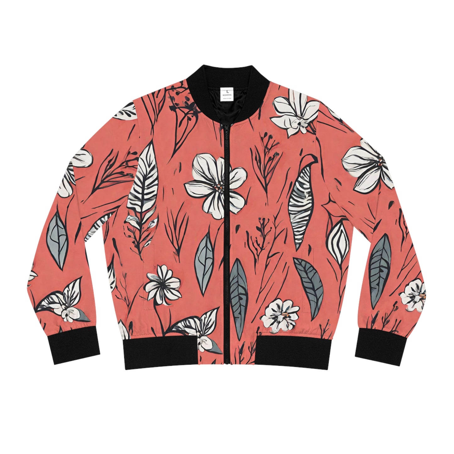 Salmon (B&W) Floral Women's Bomber Jacket (AOP)