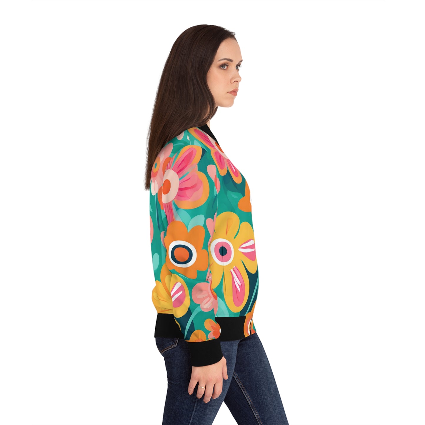 Turquoise Floral Women's Bomber Jacket (AOP)